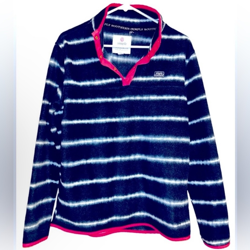 Simply Southern 1/4 Snap Fleece Pullover - Sz Large. Blue/Pink/White.